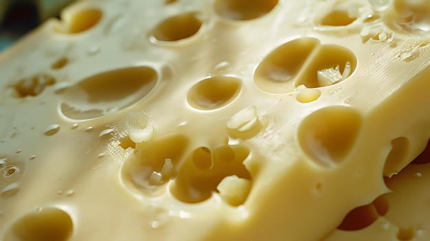 Closeup of swiss cheese with holes and water droplets | Premium Photo