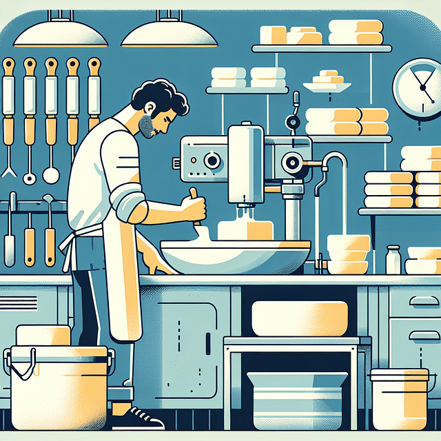 artisan cheese maker cutting curds in a vat