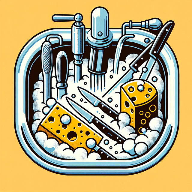 washing cheese knives in soapy water