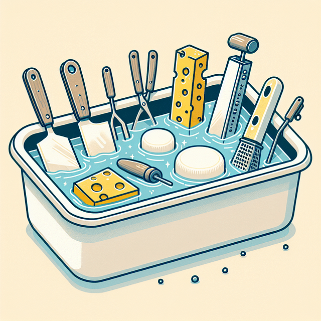 soaking cheese tools in a sanitizing solution