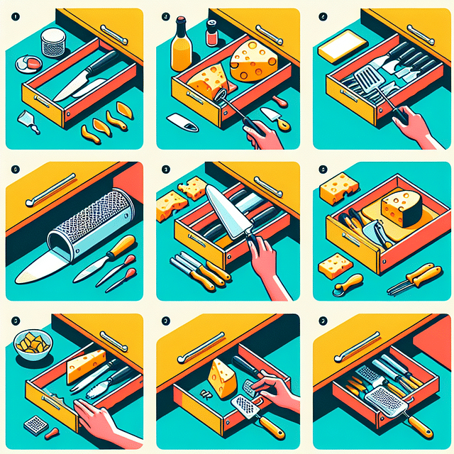 storing cheese tools in a drawer with dividers