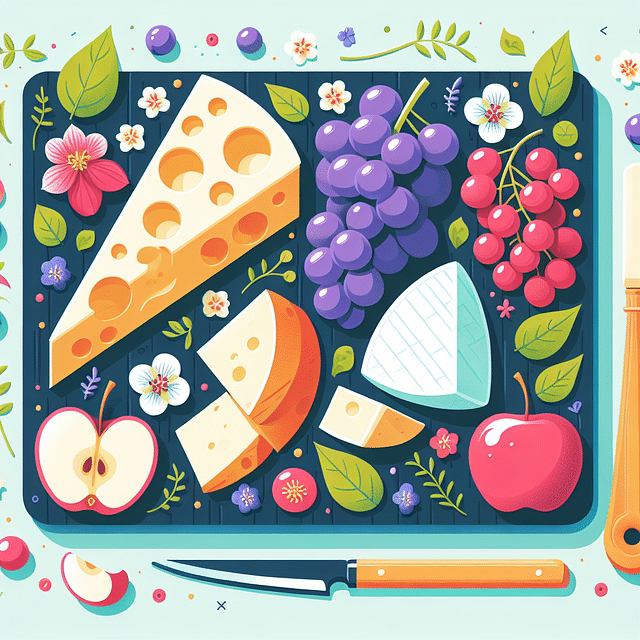 cheese board with grapes, apple slices, and edible flowers