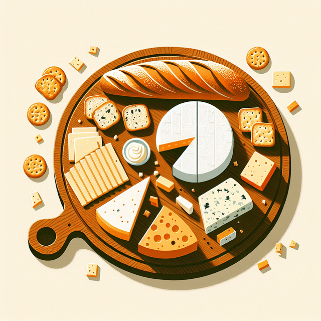 crackers and baguette slices on a cheese board