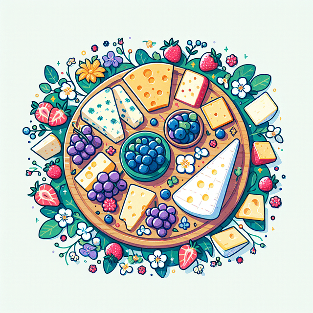 cheese board with grapes, strawberries, and edible flowers