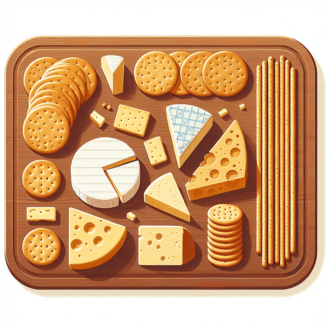 cheese board with crackers and breadsticks