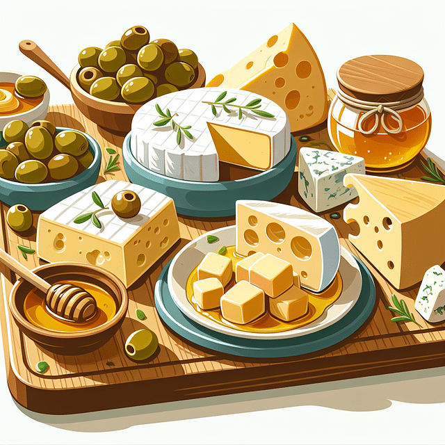 cheese board with small bowls of olives and honey