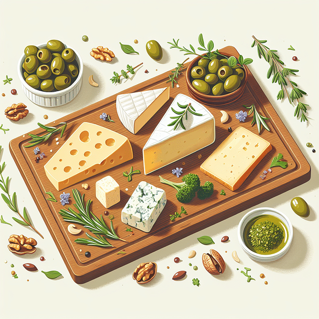 cheese board garnished with olives, nuts, and fresh herbs
