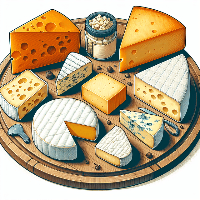 assorted cheeses on a wooden board
