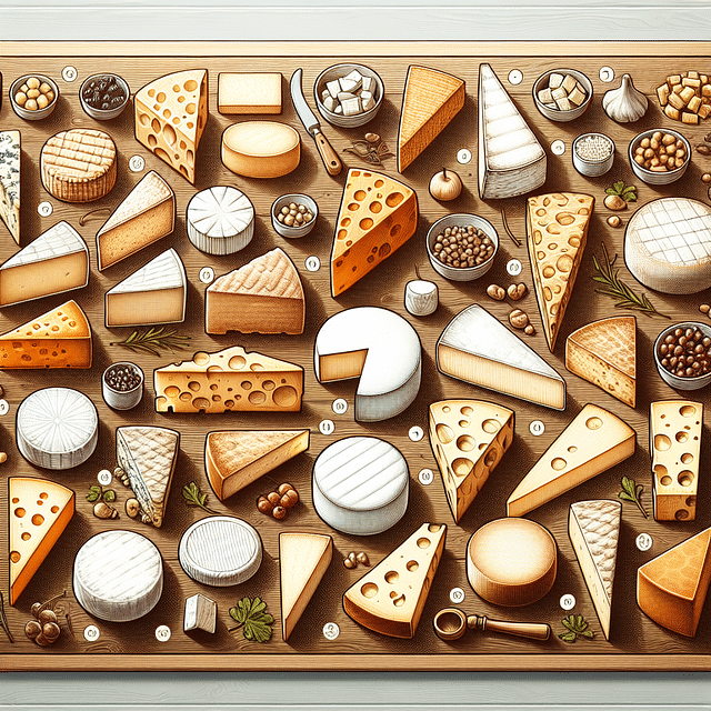 assorted cheeses on a rustic wooden board