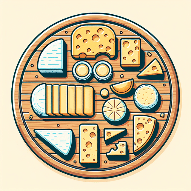 sliced cheeses arranged on a board with space between them
