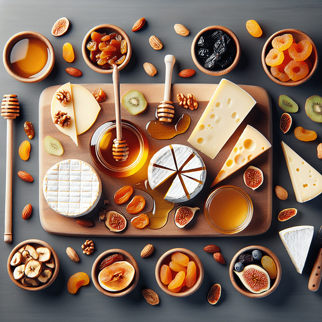 honey and dried fruits on a cheese board