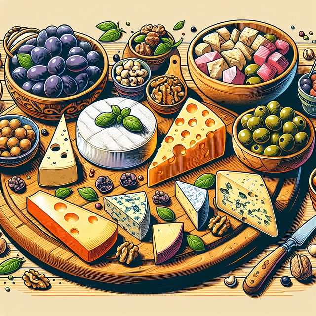 cheese board with bowls of nuts and olives