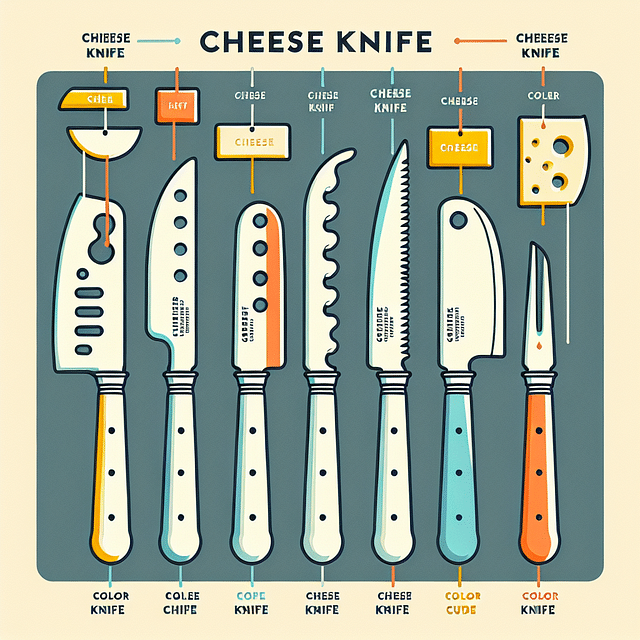 labeled cheese knife set, color-coded cheese knives