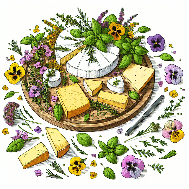 cheese board garnished with fresh herbs and edible flowers