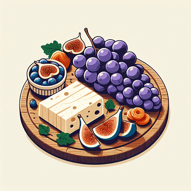 cheese board with grapes, fig slices, and dried apricots