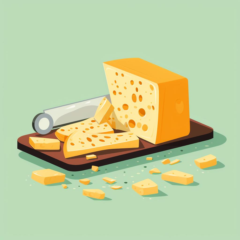 Hard cheese being cut into thin slices or small chunks