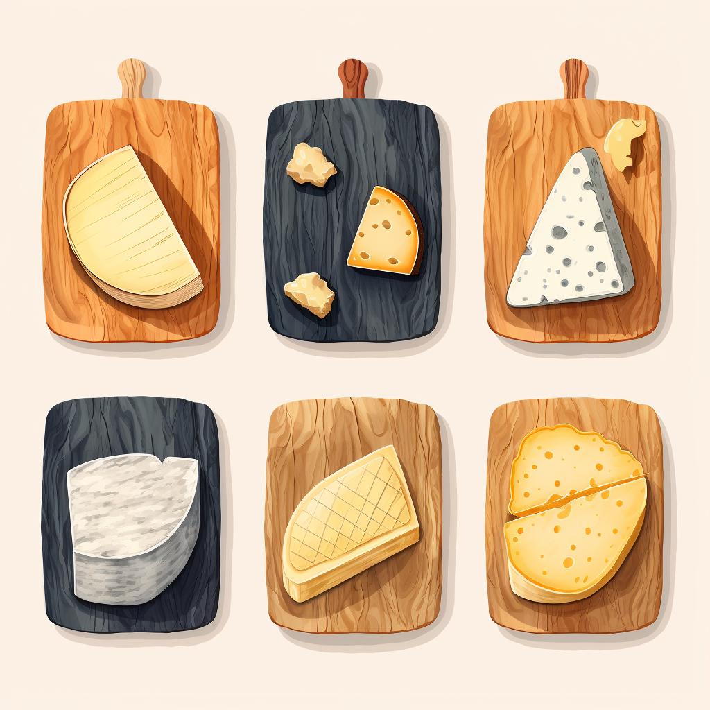 A variety of cheese boards made of wood, marble, and slate.