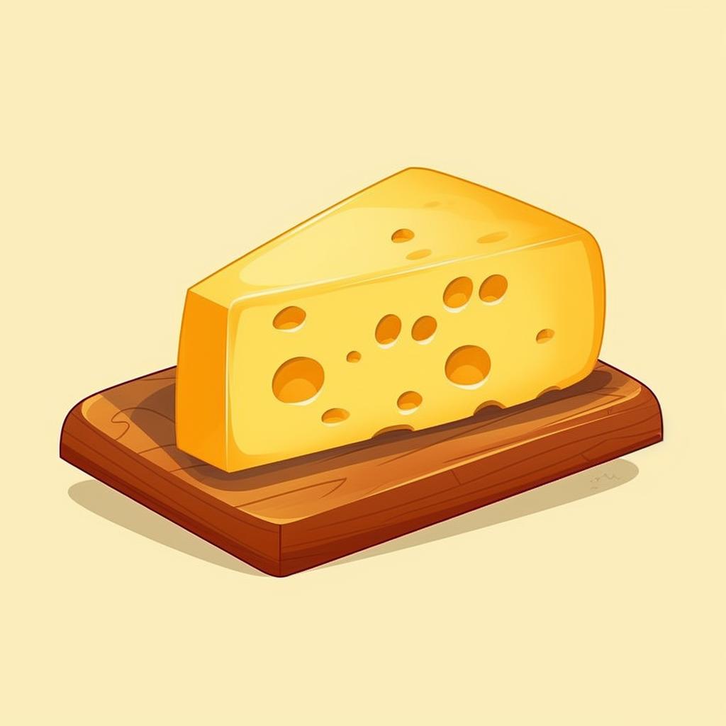 A block of cheese positioned on a wooden cutting board
