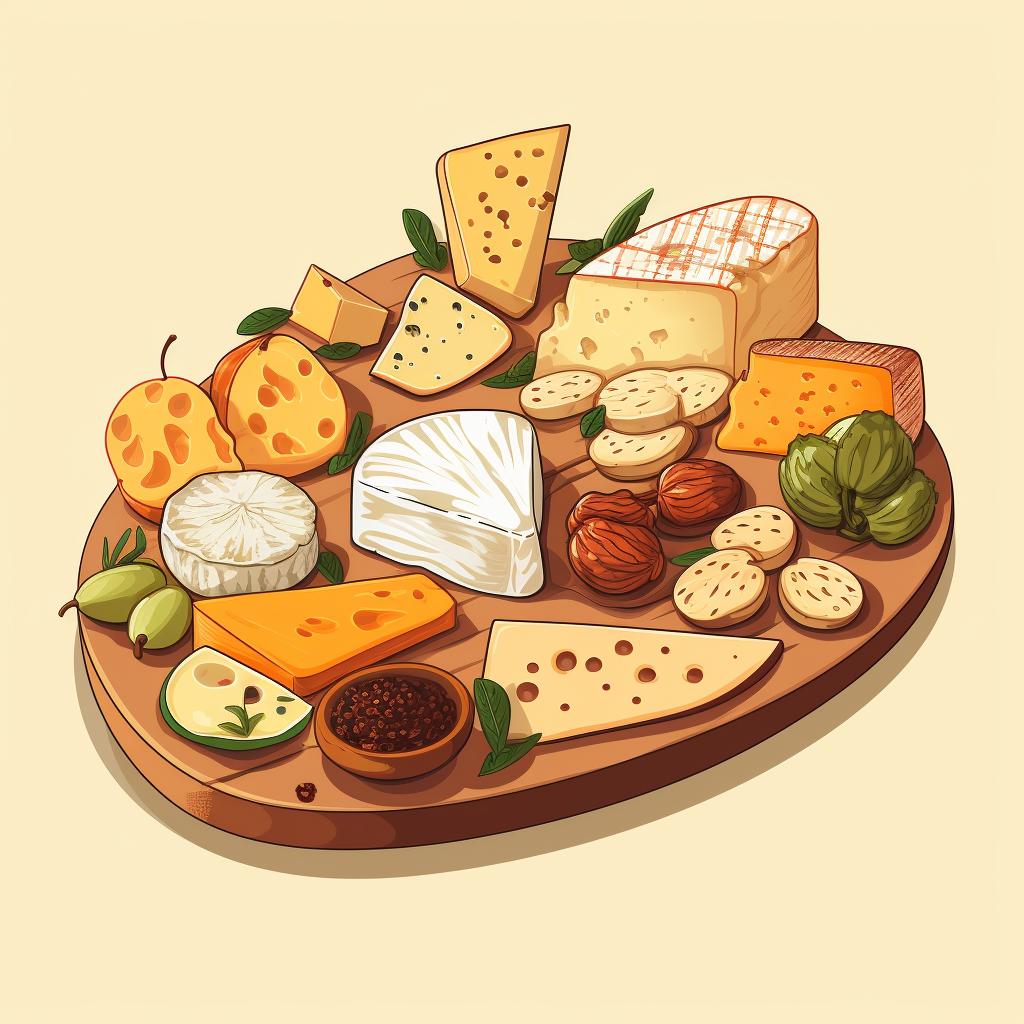 A cheese board with various types of cheese strategically placed.