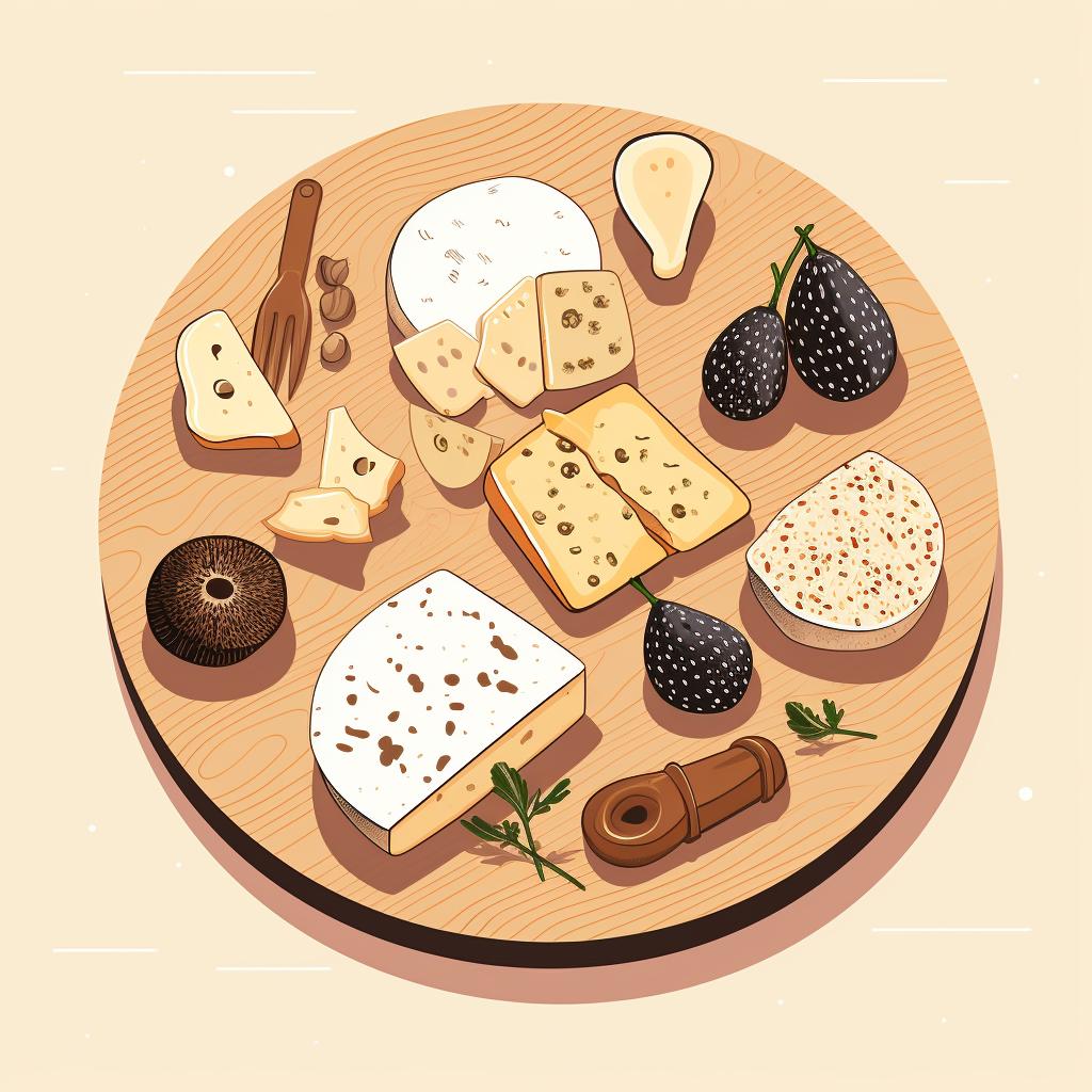 Truffle cheese in the center of a cheese board