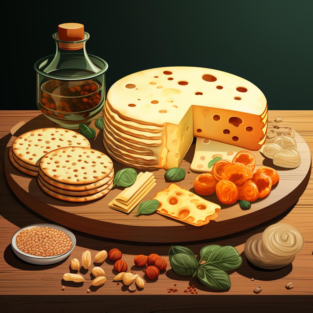 Crackers arranged around the cheese on the board.
