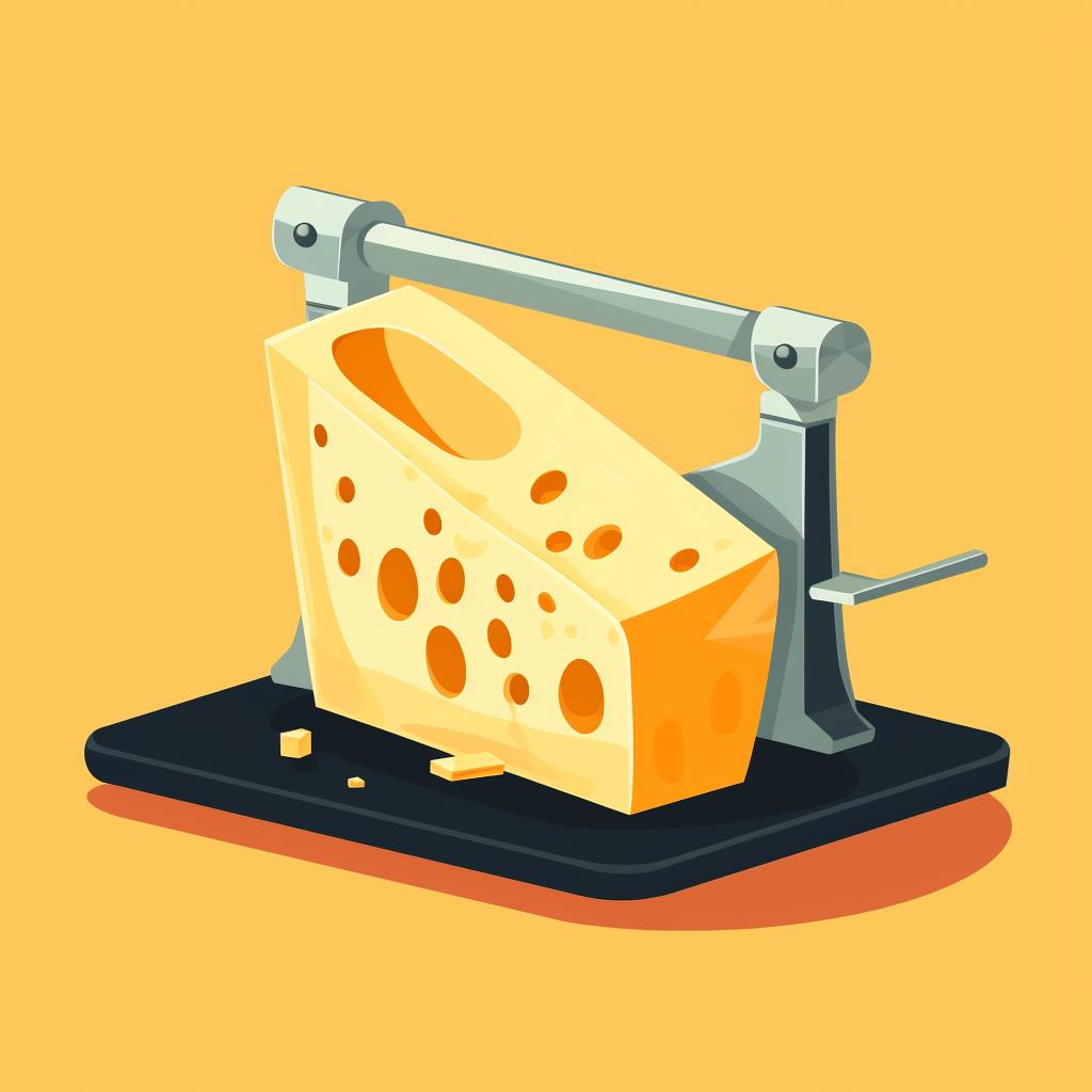 A cheese slicer cutting through a block of cheese