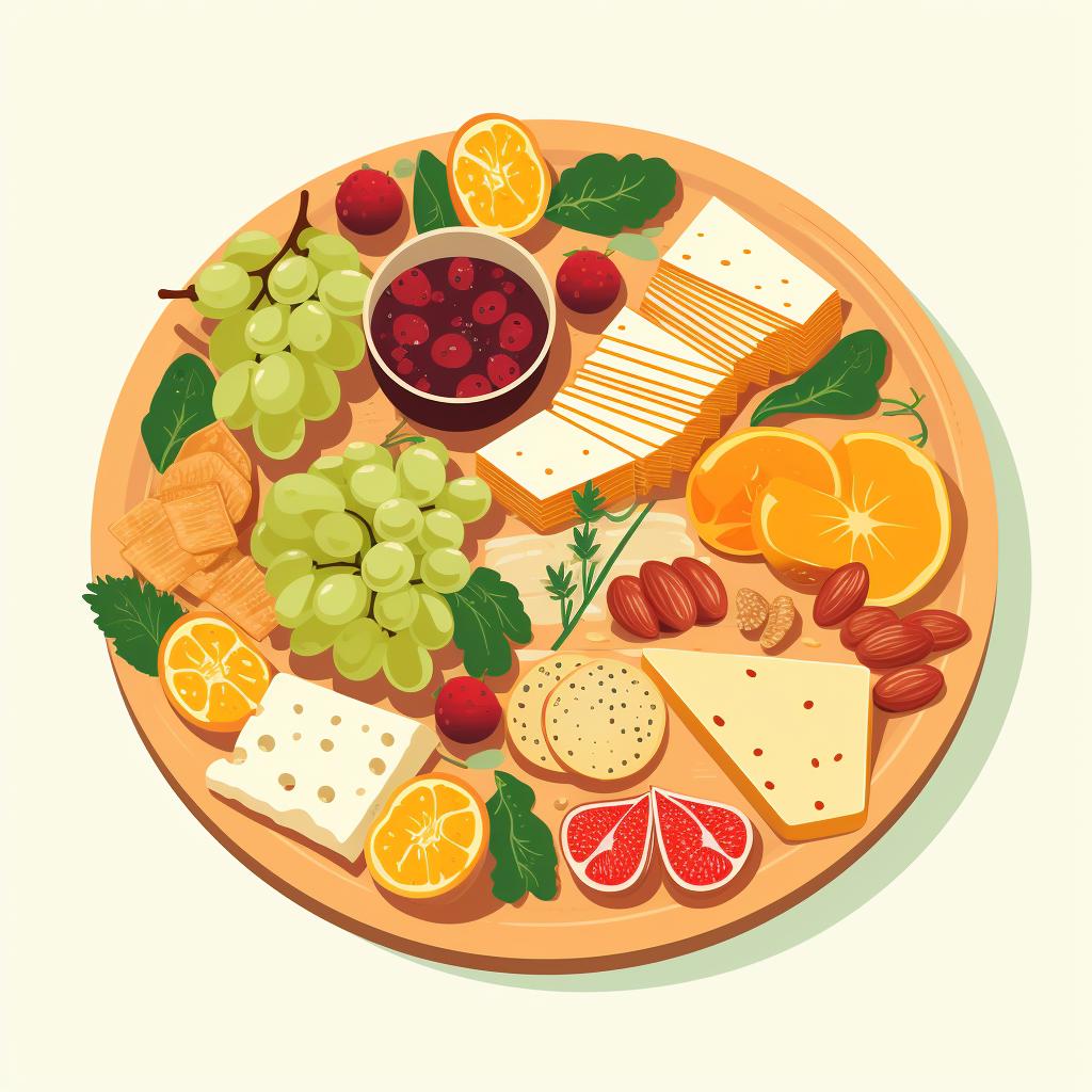 A cheese board filled with cheese, crackers, and various extras like fruits and nuts.