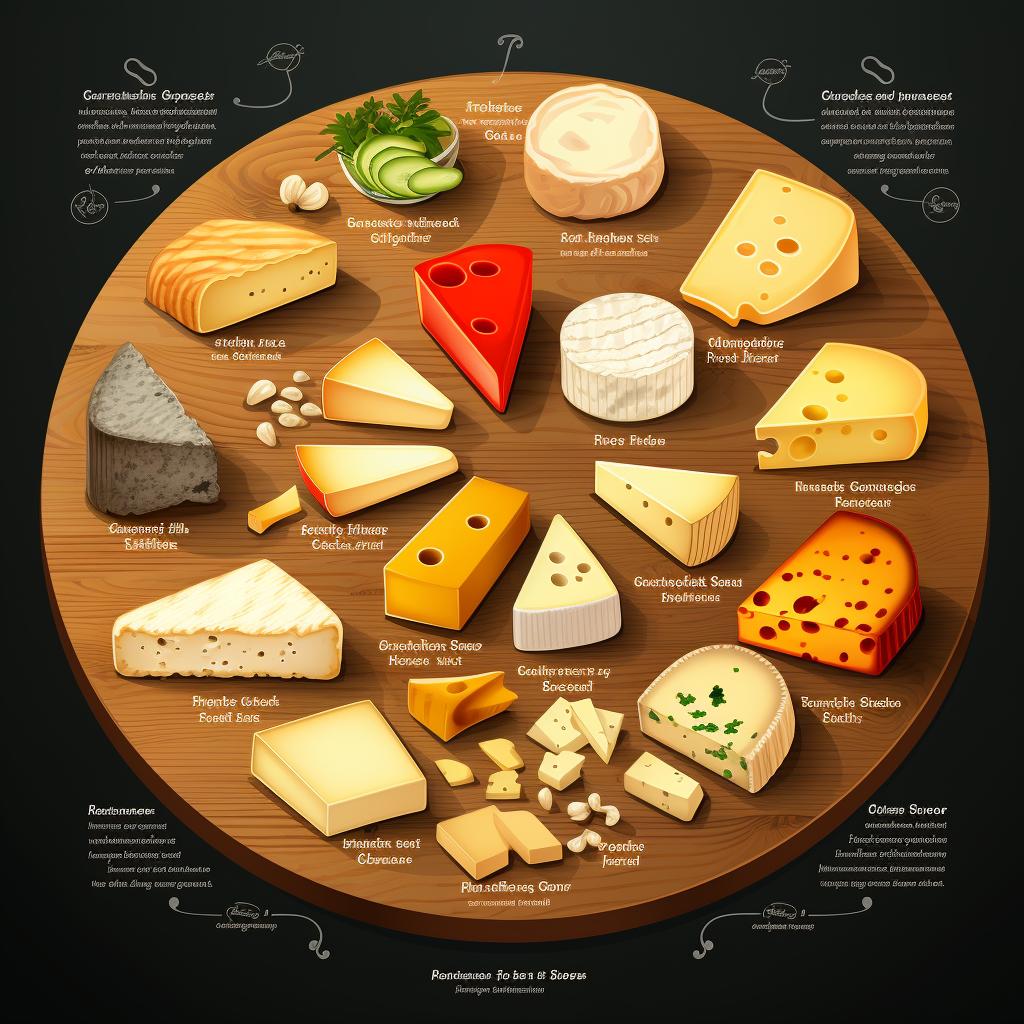 A fully assembled cheese board with labels for each cheese.