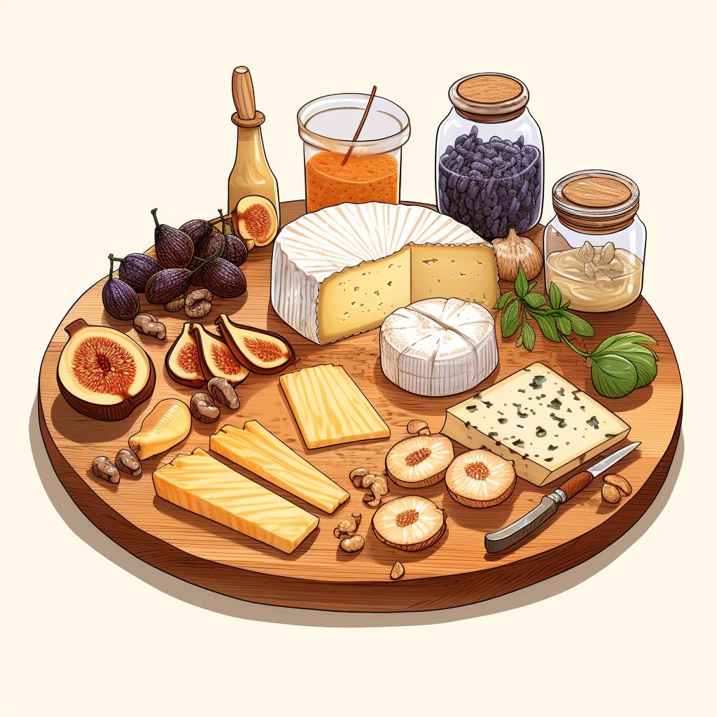 Completed cheese board with truffle cheese, accessories, and final touches
