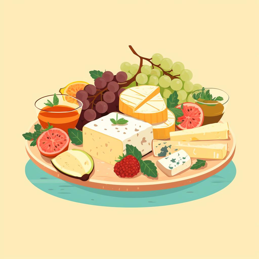 A cheese platter with a variety of fruits.