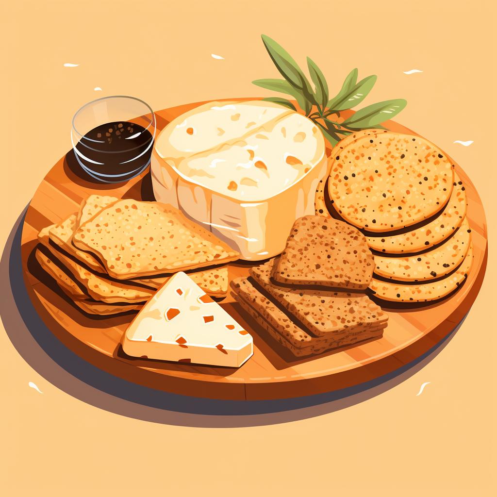 Whole grain crackers and bread on a cheese platter.