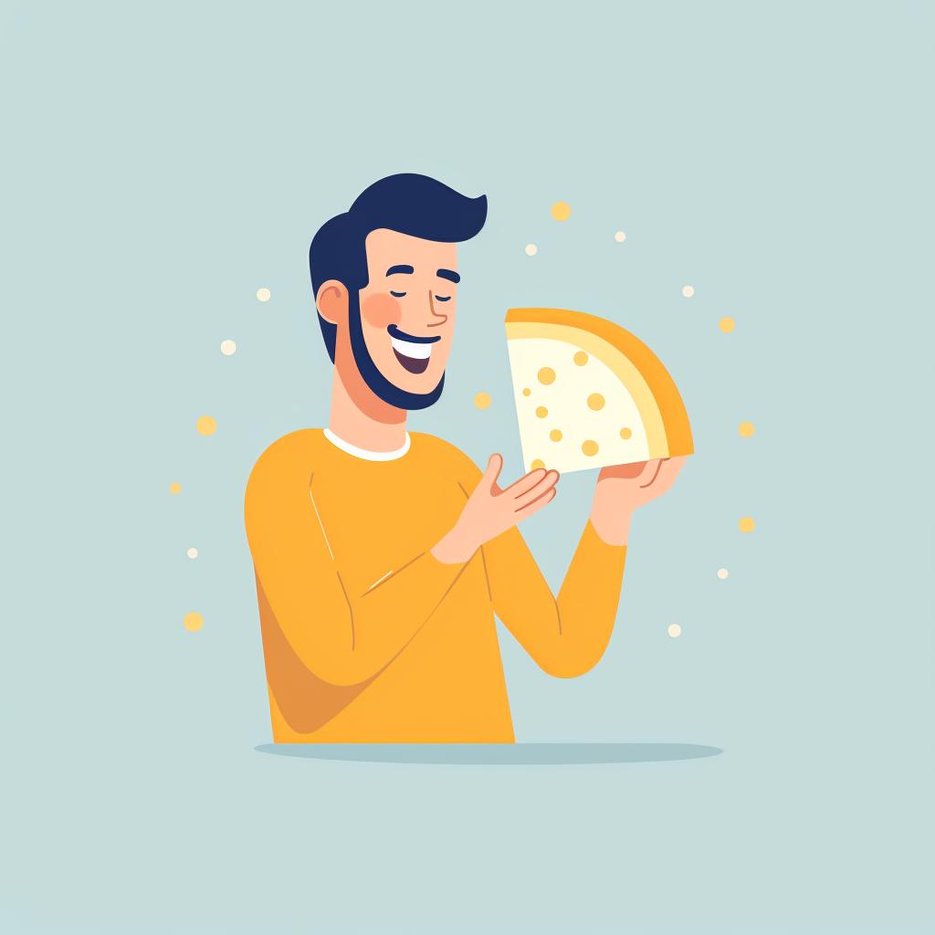 A person savoring a piece of cheese.